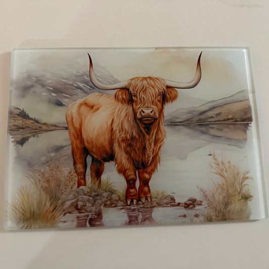 A4 Highland Cow Glass Chopping Board